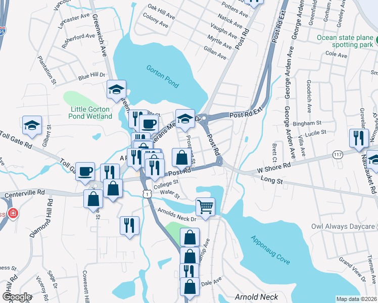 map of restaurants, bars, coffee shops, grocery stores, and more near 130 Prospect Street in Warwick