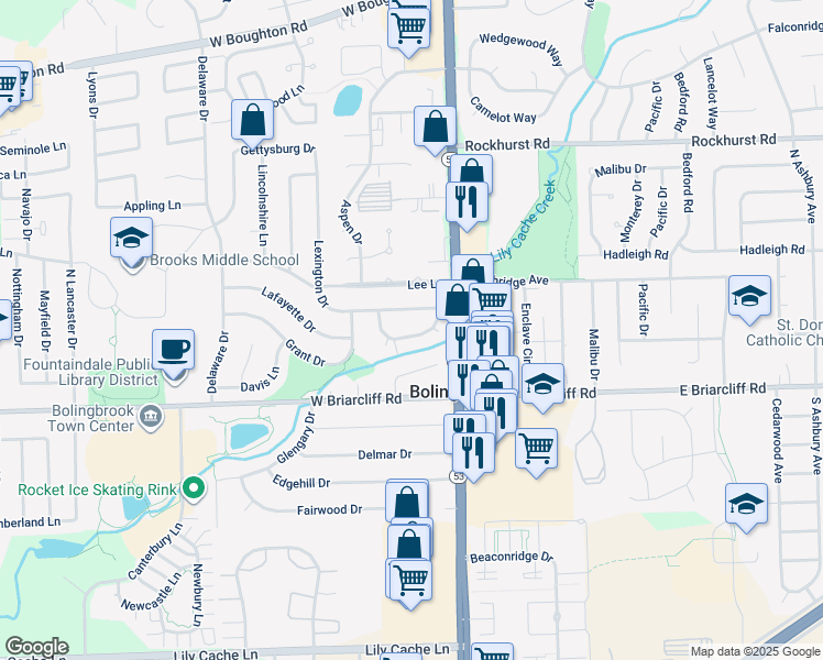 map of restaurants, bars, coffee shops, grocery stores, and more near 130 Monticello Circle in Bolingbrook