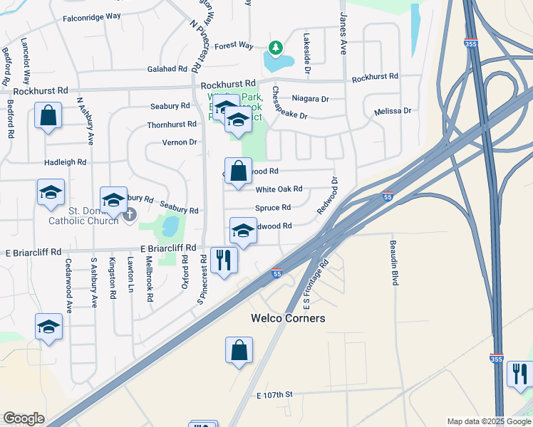 map of restaurants, bars, coffee shops, grocery stores, and more near 534 Redwood Road in Bolingbrook