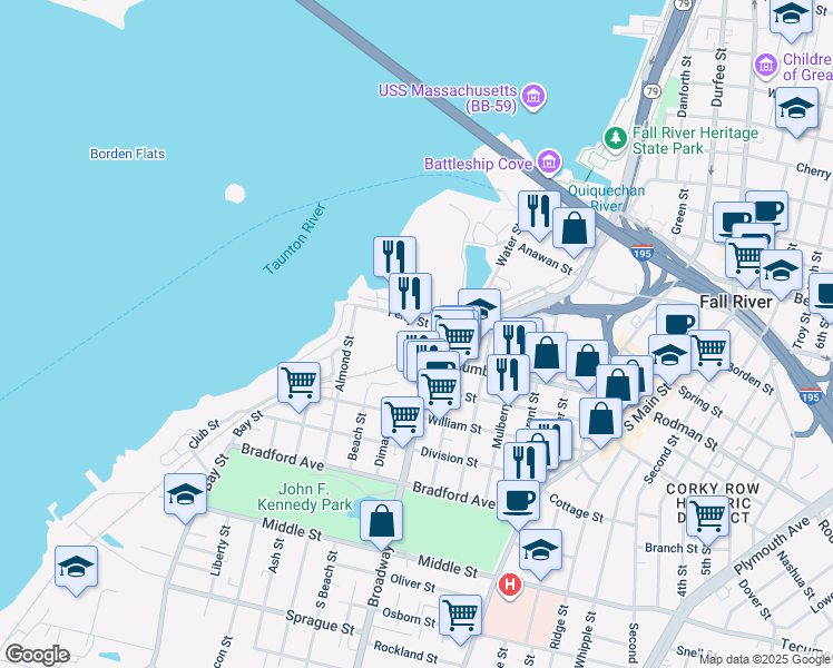 map of restaurants, bars, coffee shops, grocery stores, and more near 75R Ferry Street in Fall River