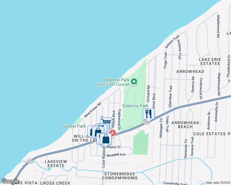 map of restaurants, bars, coffee shops, grocery stores, and more near 821 Peach Boulevard in Willoughby