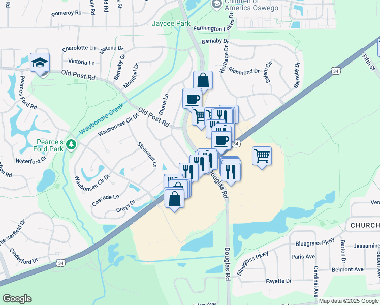 map of restaurants, bars, coffee shops, grocery stores, and more near 119 Seton Creek Drive in Oswego
