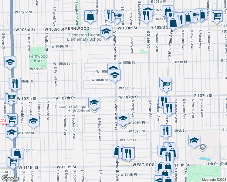 map of restaurants, bars, coffee shops, grocery stores, and more near 10654 South Wentworth Avenue in Chicago