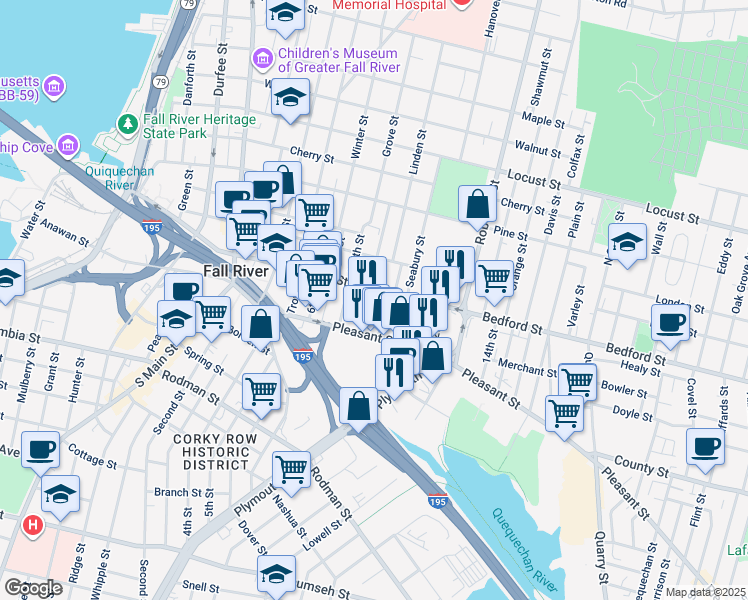 map of restaurants, bars, coffee shops, grocery stores, and more near 59 9th Street in Fall River