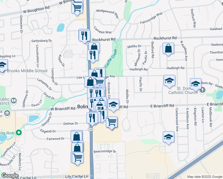 map of restaurants, bars, coffee shops, grocery stores, and more near 114 Enclave Circle in Bolingbrook