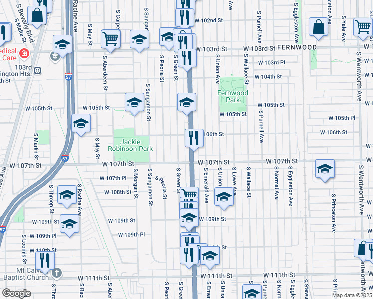 map of restaurants, bars, coffee shops, grocery stores, and more near 10649 South Green Street in Chicago