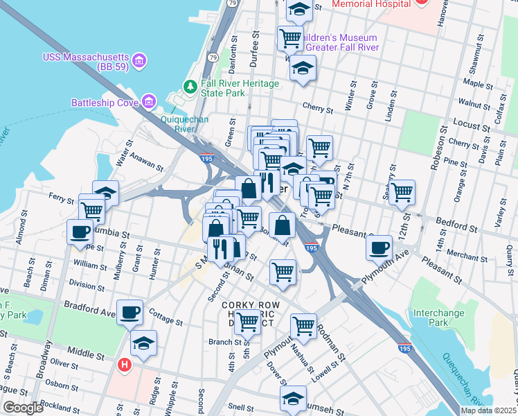 map of restaurants, bars, coffee shops, grocery stores, and more near 157 Third Street in Fall River