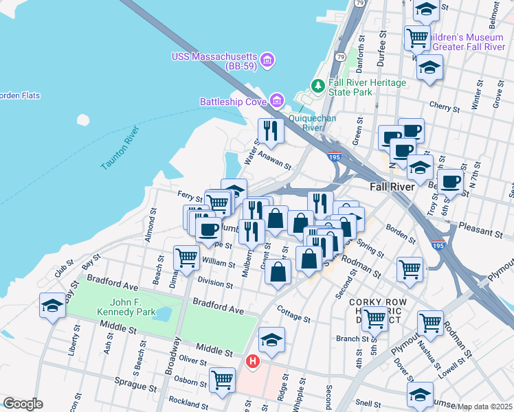 map of restaurants, bars, coffee shops, grocery stores, and more near 375 Ferry Street in Fall River