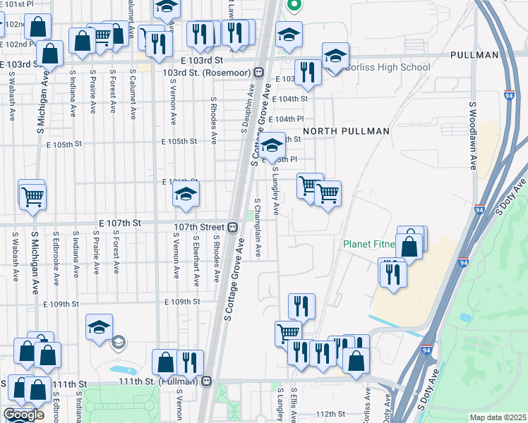 map of restaurants, bars, coffee shops, grocery stores, and more near 615 East 107th Street in Chicago