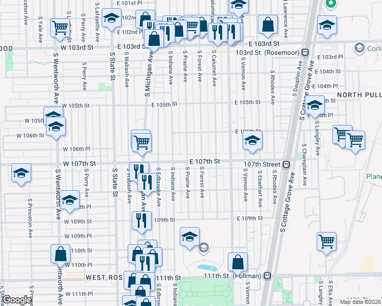 map of restaurants, bars, coffee shops, grocery stores, and more near 251 East 107th Street in Chicago