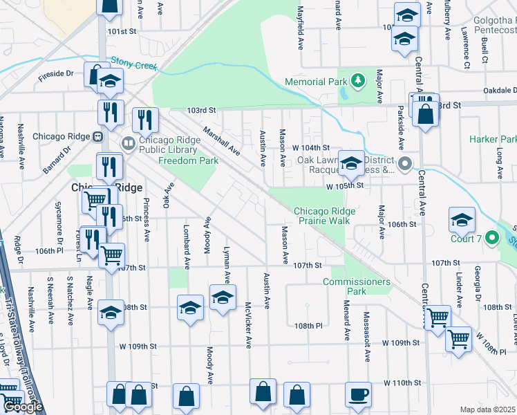 map of restaurants, bars, coffee shops, grocery stores, and more near 10540 Austin Avenue in Chicago Ridge