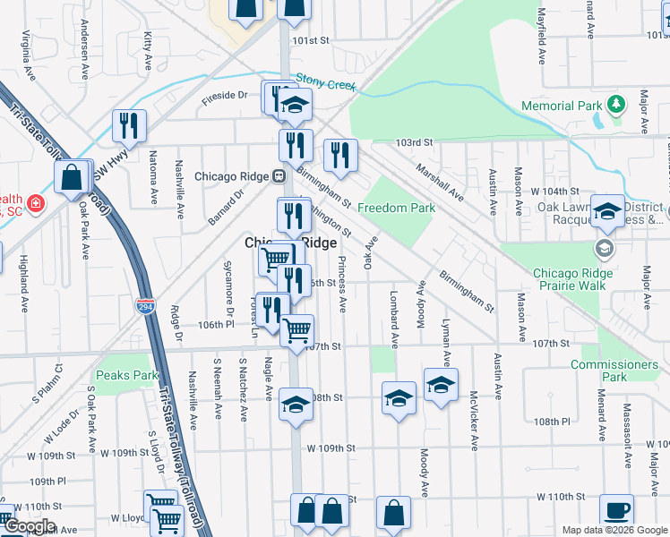 map of restaurants, bars, coffee shops, grocery stores, and more near 10554 Princess Avenue in Chicago Ridge