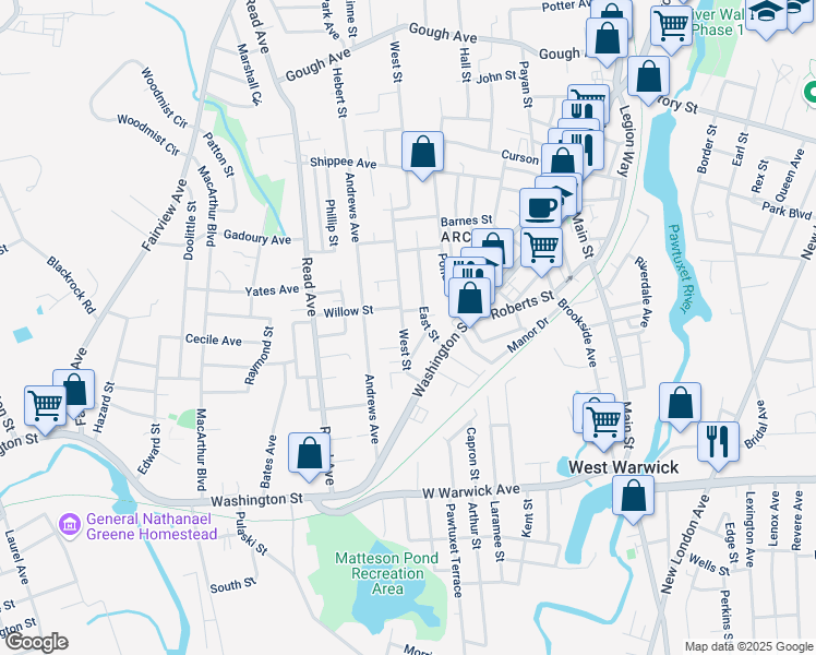 map of restaurants, bars, coffee shops, grocery stores, and more near 29 West Street in West Warwick