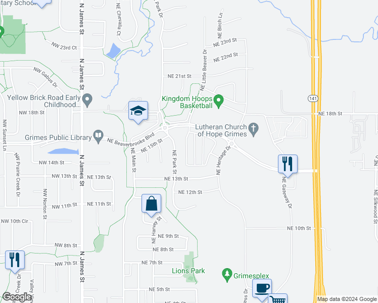 map of restaurants, bars, coffee shops, grocery stores, and more near 1410 Northeast Little Beaver Drive in Grimes
