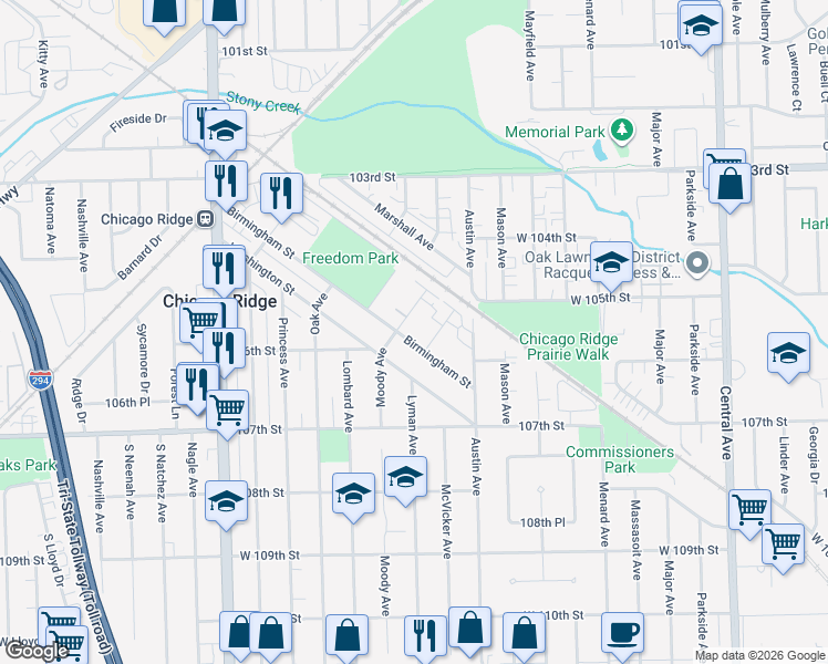 map of restaurants, bars, coffee shops, grocery stores, and more near 6026 Birmingham Street in Chicago Ridge