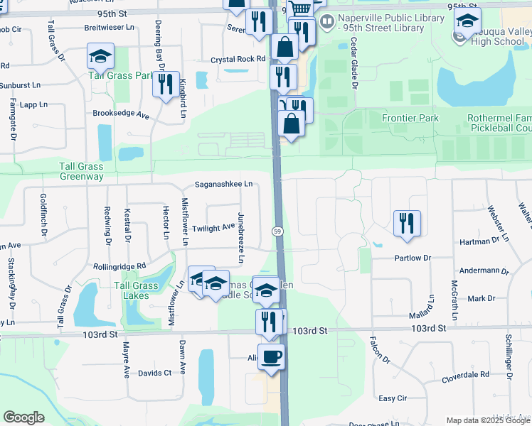 map of restaurants, bars, coffee shops, grocery stores, and more near 2949 Saganashkee Lane in Naperville