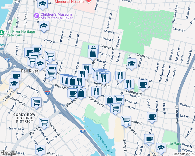map of restaurants, bars, coffee shops, grocery stores, and more near 41 Tremont Street in Fall River