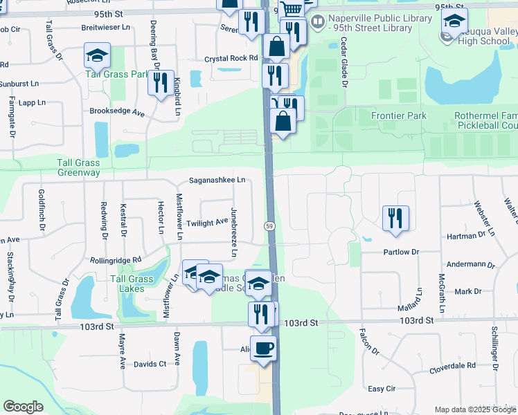 map of restaurants, bars, coffee shops, grocery stores, and more near 2949 Saganashkee Lane in Naperville