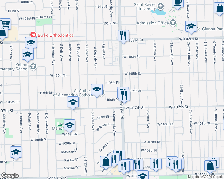 map of restaurants, bars, coffee shops, grocery stores, and more near 4024 West 106th Street in Oak Lawn
