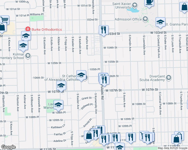 map of restaurants, bars, coffee shops, grocery stores, and more near 4024 West 106th Street in Oak Lawn