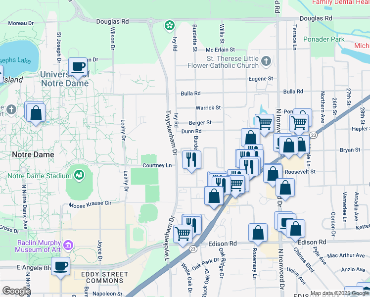 map of restaurants, bars, coffee shops, grocery stores, and more near 18432 Killeen Court in South Bend