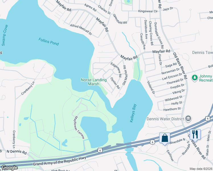 map of restaurants, bars, coffee shops, grocery stores, and more near 9 Fairmount Road in Dennis