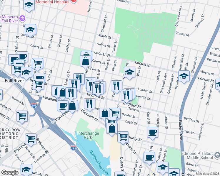 map of restaurants, bars, coffee shops, grocery stores, and more near 732 Bedford Street in Fall River