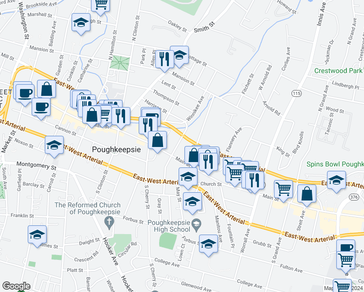 map of restaurants, bars, coffee shops, grocery stores, and more near 557 Main Street in Poughkeepsie