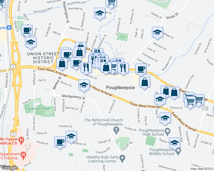 map of restaurants, bars, coffee shops, grocery stores, and more near 241 Church Street in Poughkeepsie