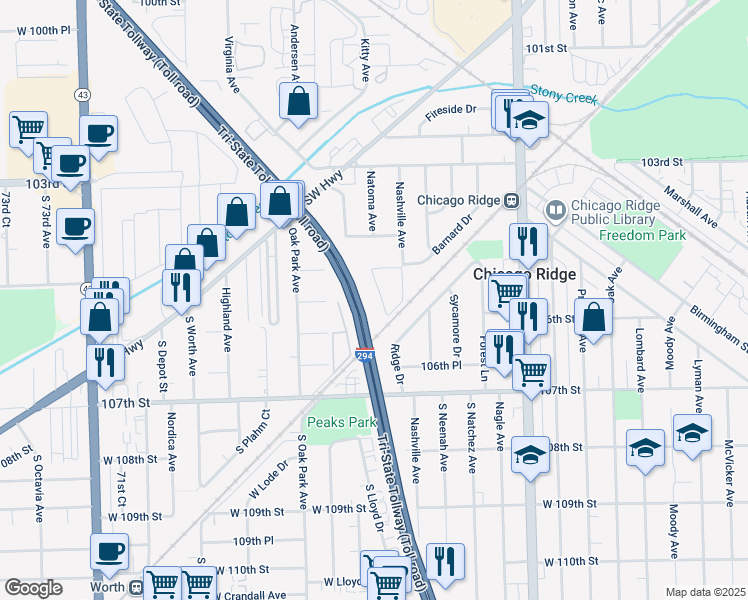 map of restaurants, bars, coffee shops, grocery stores, and more near 10446 Natoma Avenue in Chicago Ridge