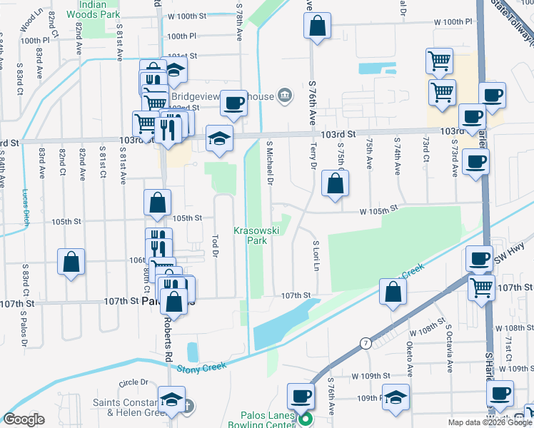 map of restaurants, bars, coffee shops, grocery stores, and more near 10506 South Michael Drive in Palos Hills