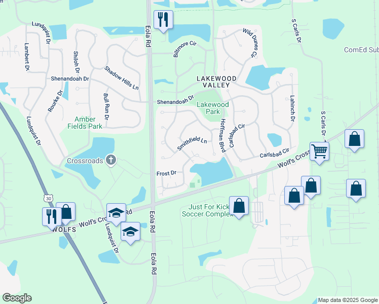 map of restaurants, bars, coffee shops, grocery stores, and more near 2547 Dickens Drive in Aurora