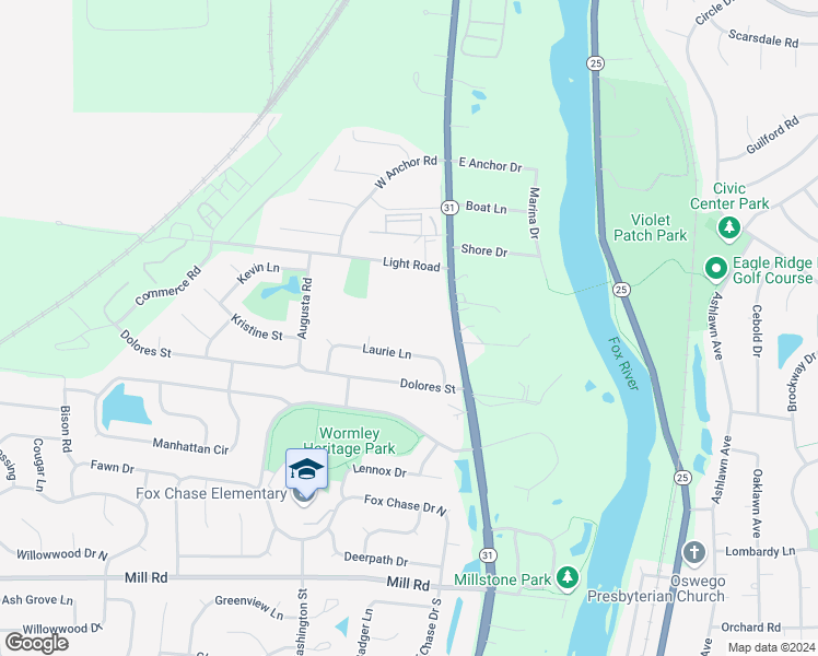 map of restaurants, bars, coffee shops, grocery stores, and more near 116 Laurie Lane in Oswego
