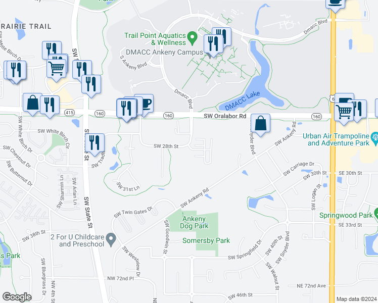 map of restaurants, bars, coffee shops, grocery stores, and more near 1007 Southwest 28th Street in Ankeny