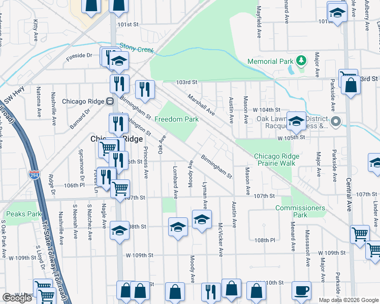 map of restaurants, bars, coffee shops, grocery stores, and more near 6132 Washington Street in Chicago Ridge