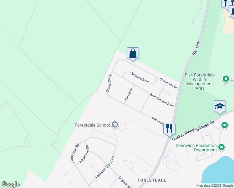 map of restaurants, bars, coffee shops, grocery stores, and more near 64 Greenville Drive in Sandwich