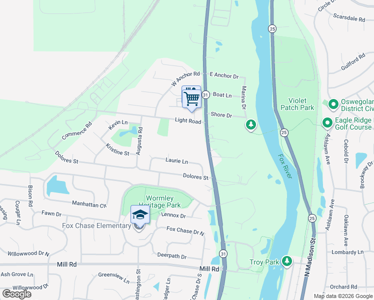 map of restaurants, bars, coffee shops, grocery stores, and more near 116 Laurie Lane in Oswego