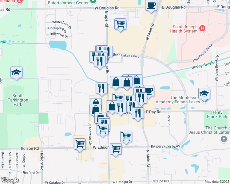 map of restaurants, bars, coffee shops, grocery stores, and more near 4410 Grape Road in Mishawaka