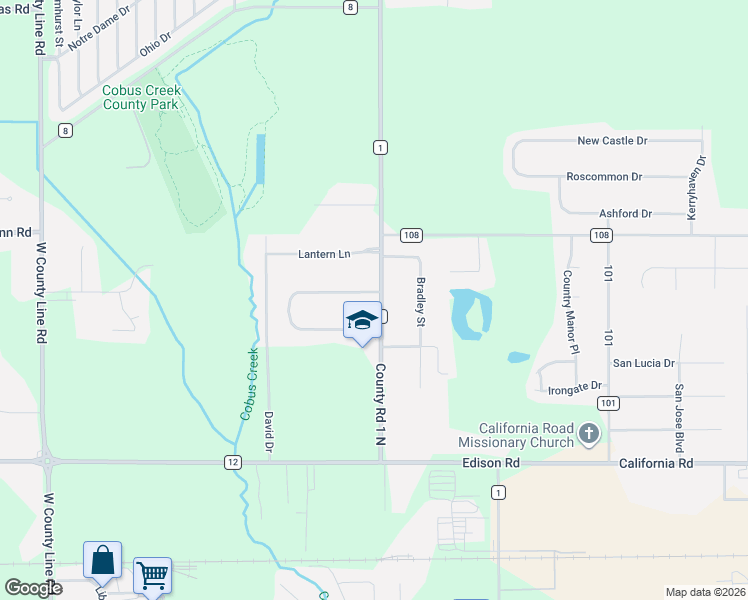 map of restaurants, bars, coffee shops, grocery stores, and more near 54649 County Road 1 in Elkhart