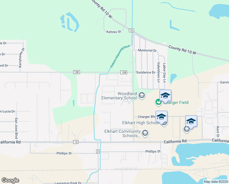 map of restaurants, bars, coffee shops, grocery stores, and more near 2899 Bane Berry Street in Elkhart