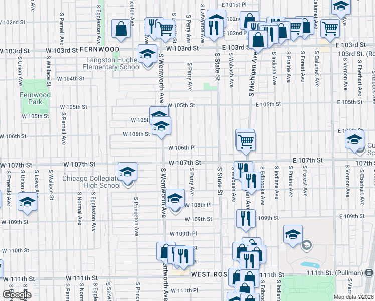 map of restaurants, bars, coffee shops, grocery stores, and more near 58 West 107th Street in Chicago