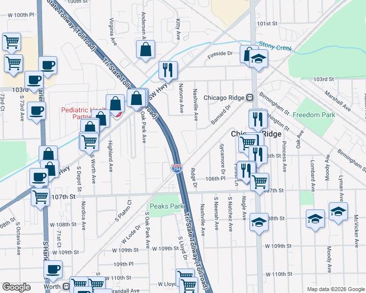 map of restaurants, bars, coffee shops, grocery stores, and more near 10446 Natoma Avenue in Chicago Ridge