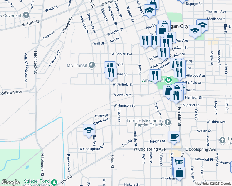 map of restaurants, bars, coffee shops, grocery stores, and more near W Arthur St in Michigan City