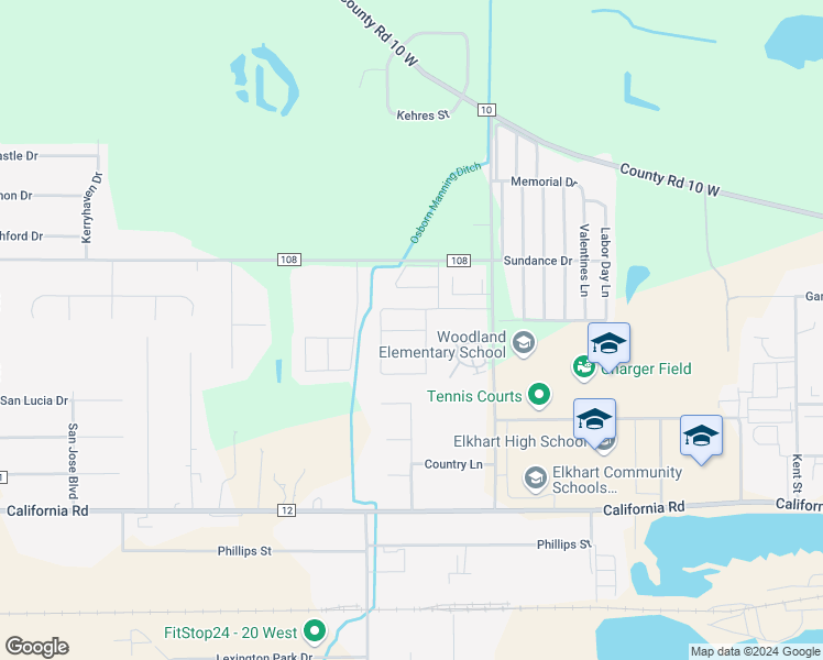 map of restaurants, bars, coffee shops, grocery stores, and more near 2930 Bane Berry Street in Elkhart