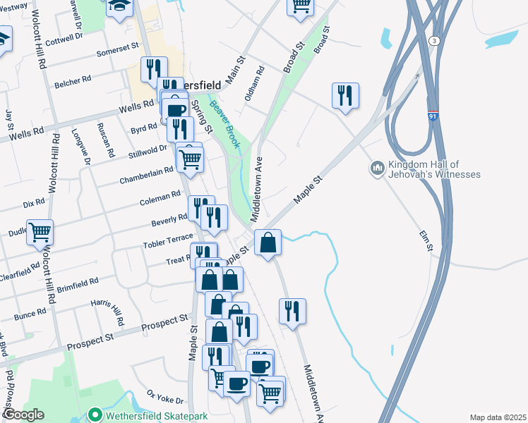map of restaurants, bars, coffee shops, grocery stores, and more near 27 Warner Place in Wethersfield