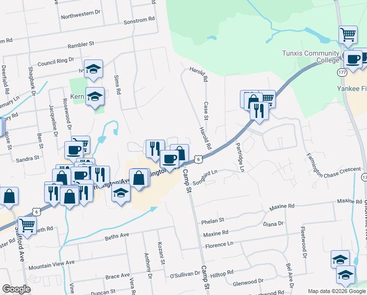 map of restaurants, bars, coffee shops, grocery stores, and more near 10 Winchester Court in Farmington