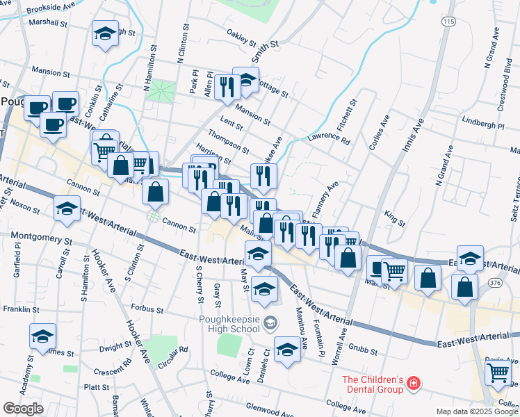map of restaurants, bars, coffee shops, grocery stores, and more near 19 Pershing Avenue in Poughkeepsie