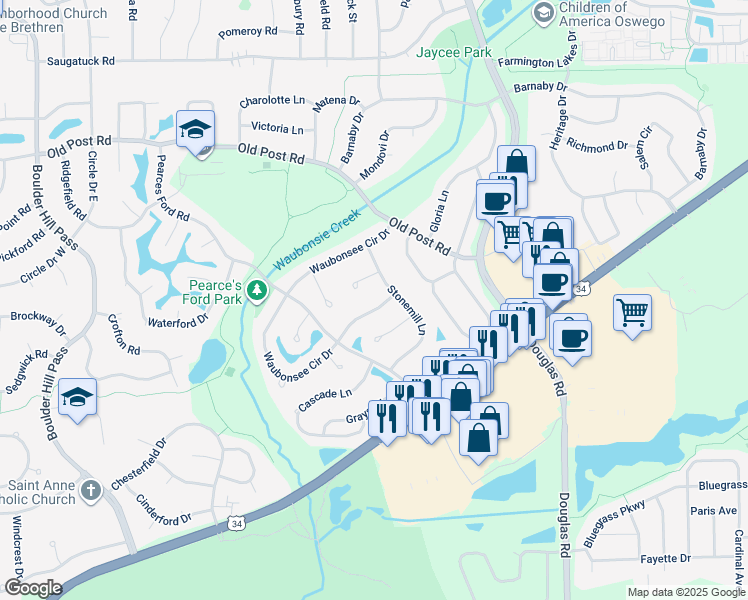 map of restaurants, bars, coffee shops, grocery stores, and more near 308 Stoneleigh Lane in Oswego
