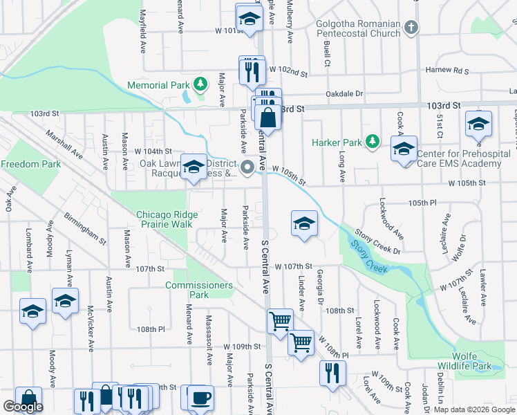 map of restaurants, bars, coffee shops, grocery stores, and more near 10555 Parkside Avenue in Chicago Ridge