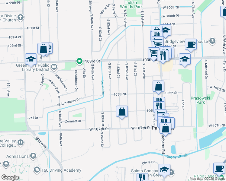 map of restaurants, bars, coffee shops, grocery stores, and more near 10441 South 83rd Avenue in Palos Hills